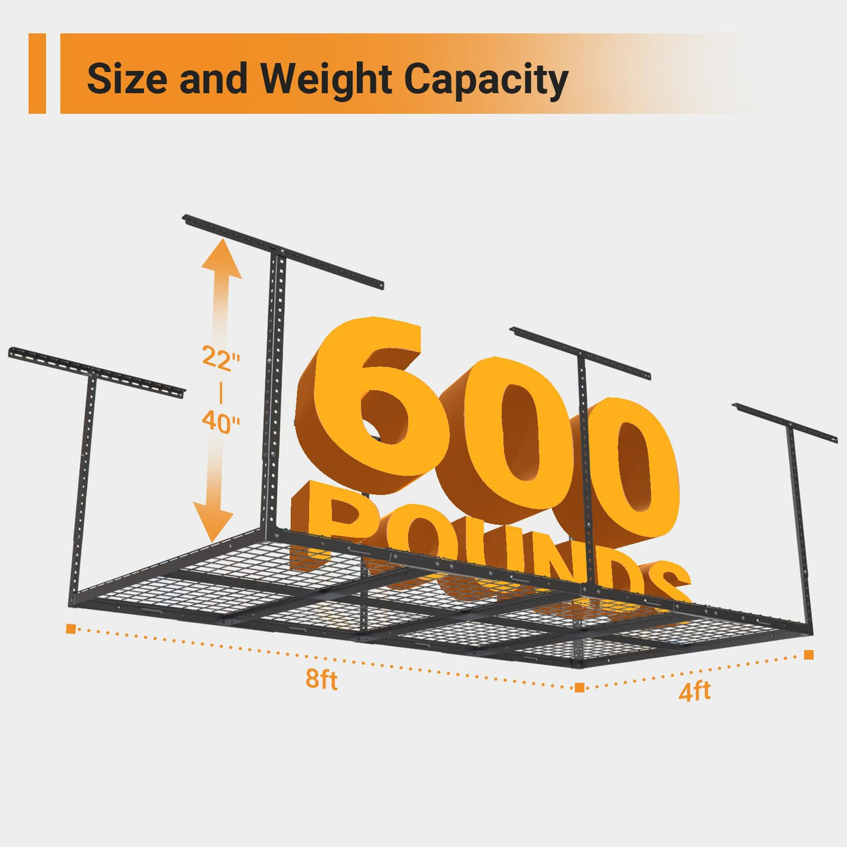 eShelf 4ftx8ft Overhead Garage Storage Rack, Heavy-Duty Metal Garage Ceiling Storage Rack, 22''-40" Adjustable Ceiling Drop-Down, 600 lb. Loading eShelf