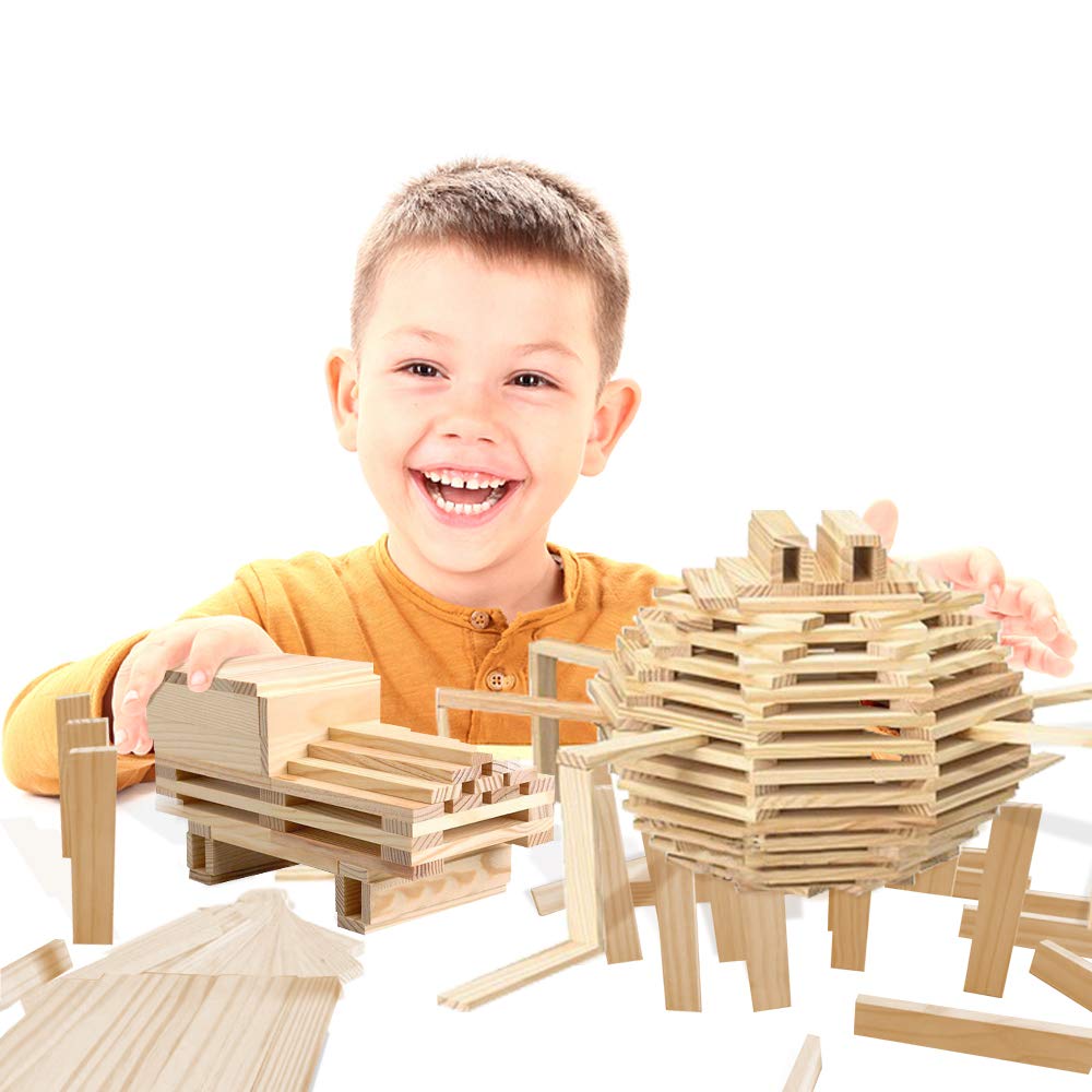 3 Bees & Me Wooden Building Toys - STEM Toys for Boys and Girls - 100 Wood Plank Pieces 3 Bees & Me