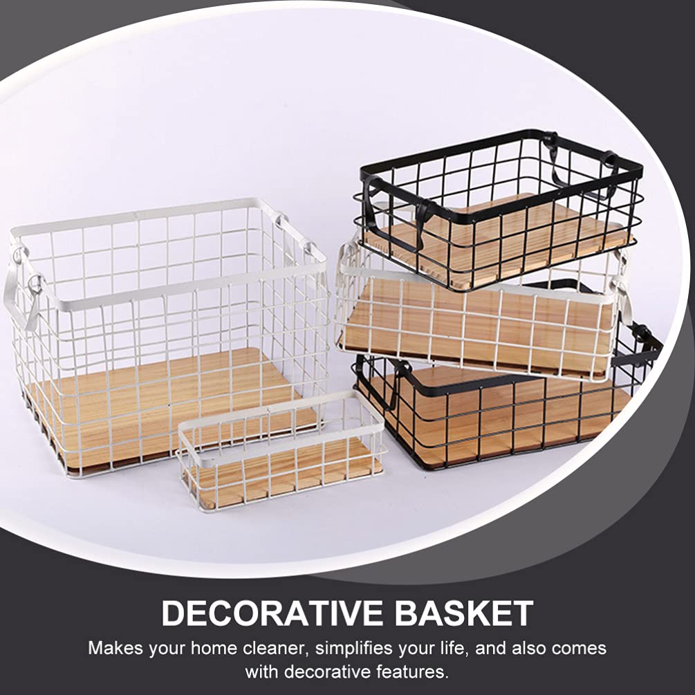 Small Metal Wire Storage Basket, Wood Base Storage Organizer Bin Basket for Kitchen Cabinets, Bathroom, Pantry, Garage, Laundry Room Cabilock