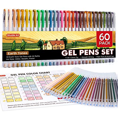 Shuttle Art 60 Pack Earth Tone Gel Pens, 30 Brown Earth Tone Gel Pens with 30 Refills for Adults Coloring Books Journaling Drawing Nature, Shuttle Art