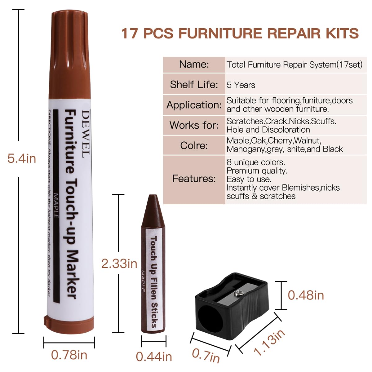 DEWEL Furniture Markers Touch Up, Upgrade Wood Furniture Repair Kit, Premium Wood Scratch Repair Markers and Wax Sticks for Wood Stains Scratches DEWEL