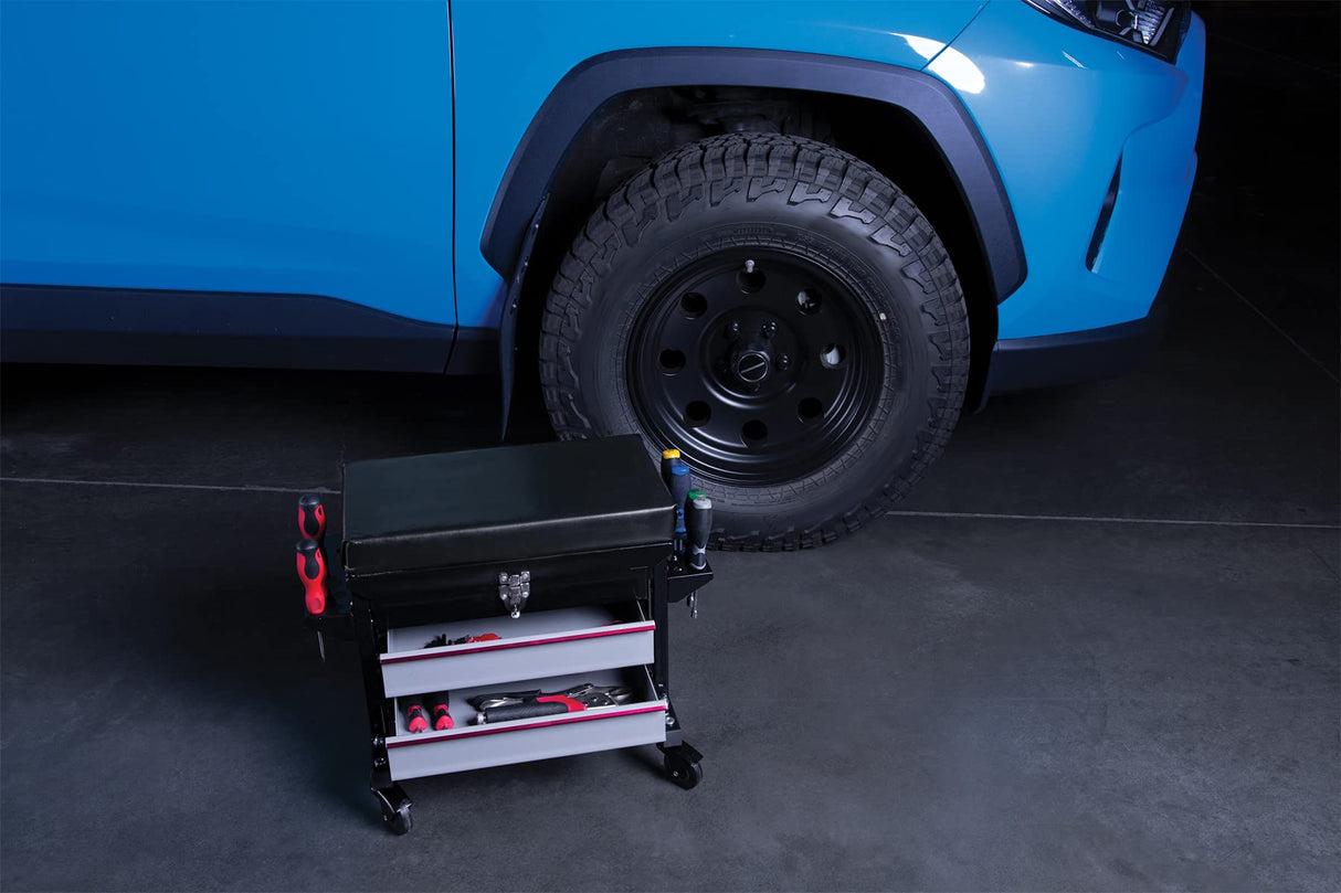 Performance Tool W85024 Drawer Creeper Rolling Work Seat with Tool Box for Mechanic Garages and Workshops, Black, 16x9-inch Seat Performance Tool