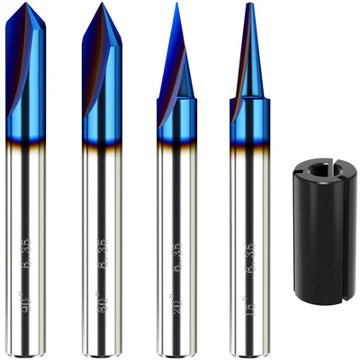 Helovmine Engraving Bits 15, 20, 60, 90 Degree CNC Wood Carving Router Bit Set with Nano Blue Coated, Marking Conical Engraving Router Tool , 2
