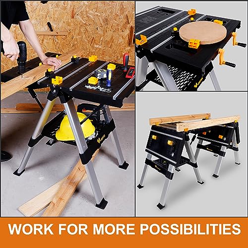 WORKESS Portable Workbench & Sawhorse, 440Lbs/1000Lbs Capacity Heavy Duty Folding Work Table, 21.5"-32.5" Adjustable Height with Clamping System, 2 x WORKESS