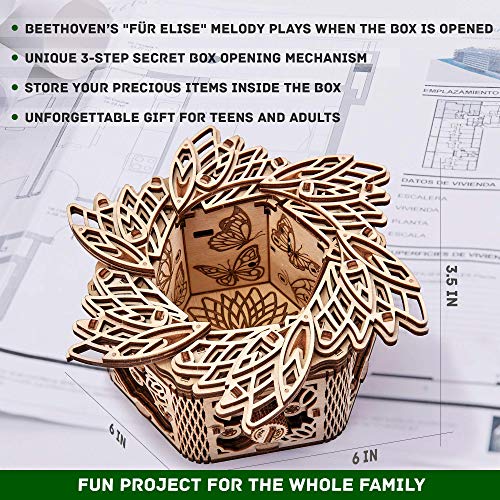 Wood Trick Flower Für Elise Wooden Music Box Kit - DIY Keepsake & Jewellery Box for All Ages Wood Trick