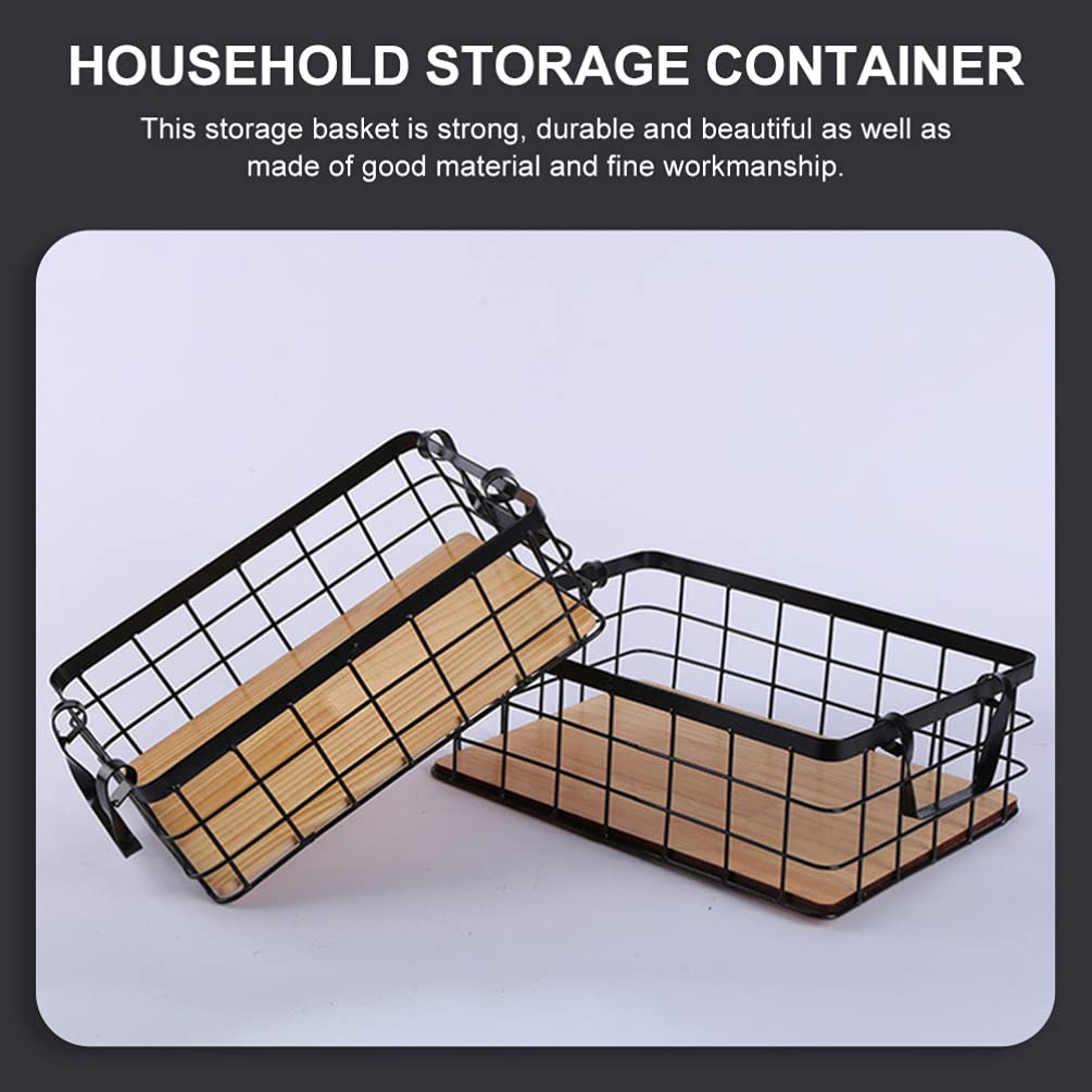 Small Metal Wire Storage Basket, Wood Base Storage Organizer Bin Basket for Kitchen Cabinets, Bathroom, Pantry, Garage, Laundry Room Cabilock