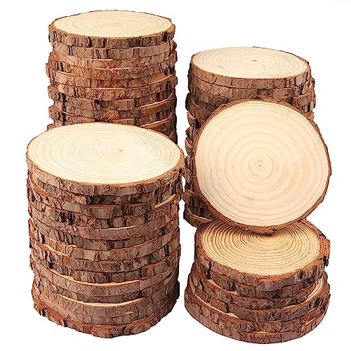 60 PCS 4.7-5.5 Inch Natural Wood Slices, Unfinished Pine Wood Circles with Barks for Coasters, DIY Crafts, Christmas Rustic Wedding Ornaments and GNIEMCKIN