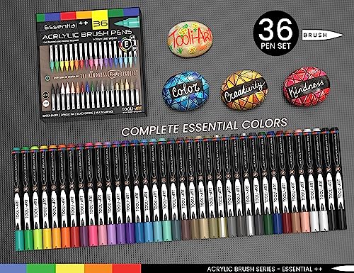 36 Flexible Brush Tip Acrylic Paint Pens Markers Set 1-7mm Line for Rock Painting, Brush Lettering, Scrapbooking, Glass, Mugs, Wood, Metal, Canvas, TOOLI-ART