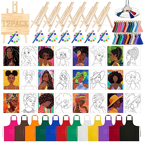 Xtinmee 12 Sets Afro Girl Painting Kit Bundle Include Wood Easels Pre Drawn Drawing Board Nylon Brush Palettes Plain Aprons Tassels and Metal Ring Xtinmee