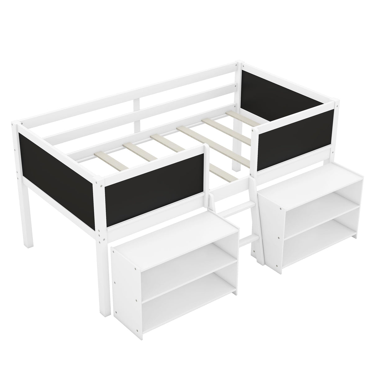 SOFTSEA Twin Size Low Loft Bed with Movable Shelves and Chalkboard - Space-Saving Wooden Design in White SOFTSEA