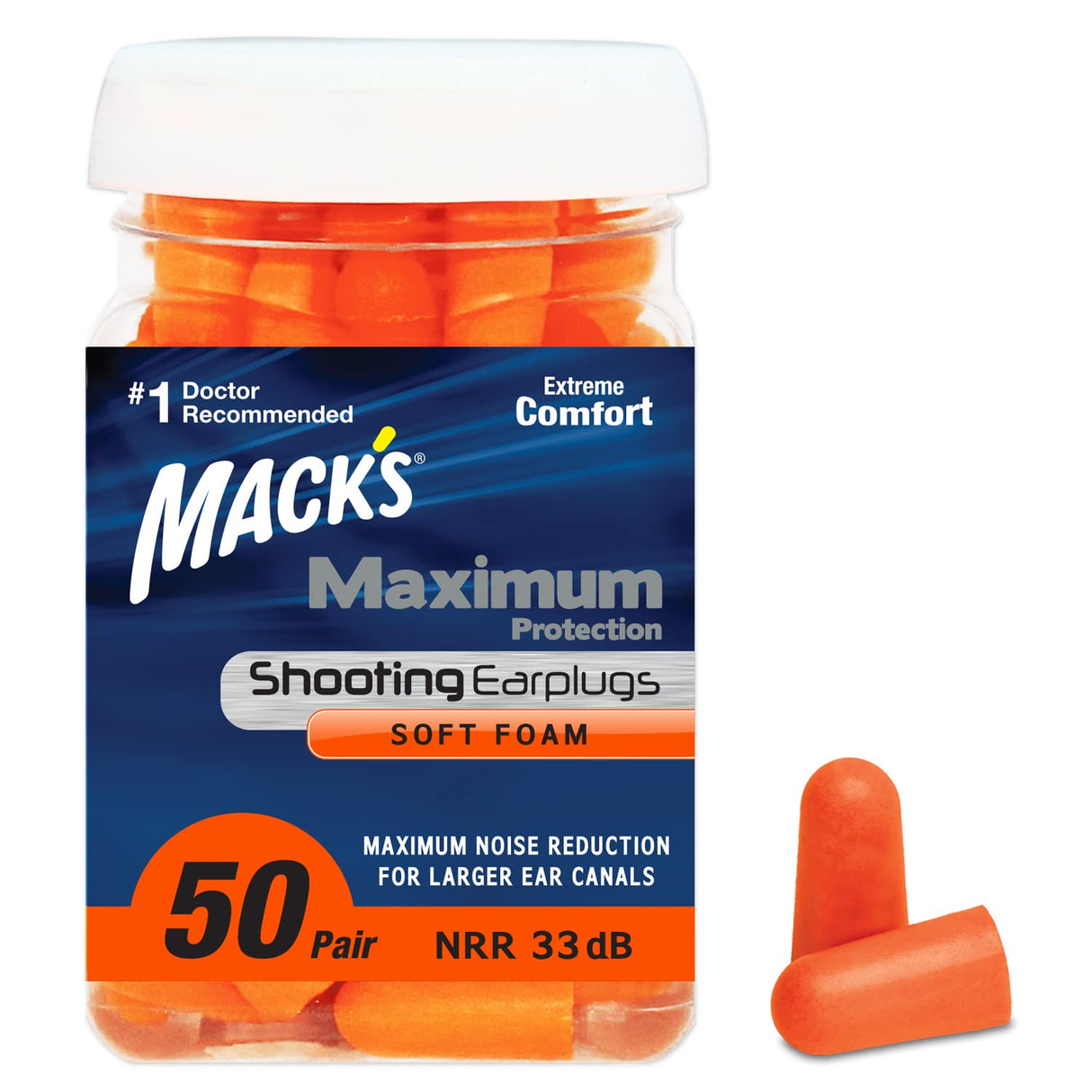 Mack's Maximum Protection Soft Foam Shooting Ear Plugs, 50 Pair - 33 dB Highest NRR – Comfortable Earplugs for Hunting, Tactical, Target, Skeet and Mack's