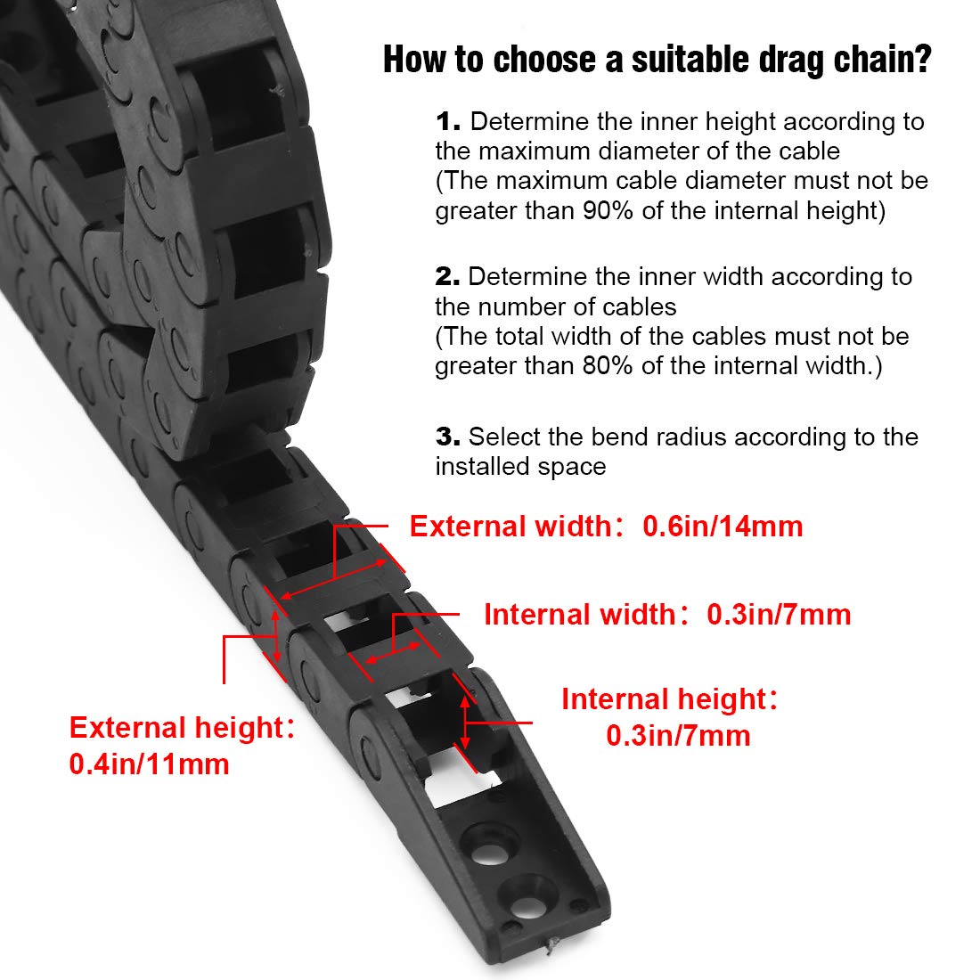 LMioEtool R18 7mm x 7mm(Inner H x Inner W) Black Plastic Cable Wire Carrier Drag Chain 1M Length for CNC, with End Connectors - Bridge Type LMioEtool