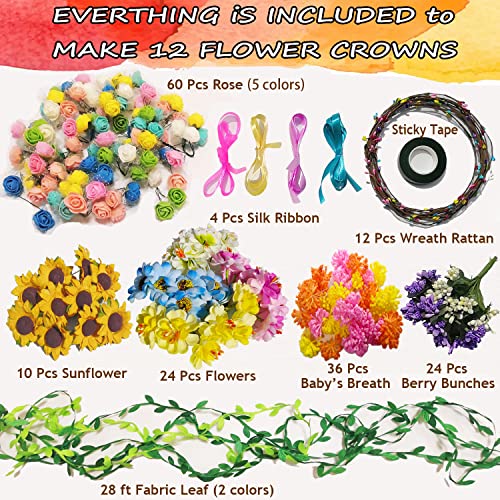 WUBOMJIO Flower Crowns Craft Kit, Make Your Own 12 PCs Flower Crowns Garland Handmade Arts and Crafts for Kids, DIY Fairy Flower Headbands and WUBOMJIO