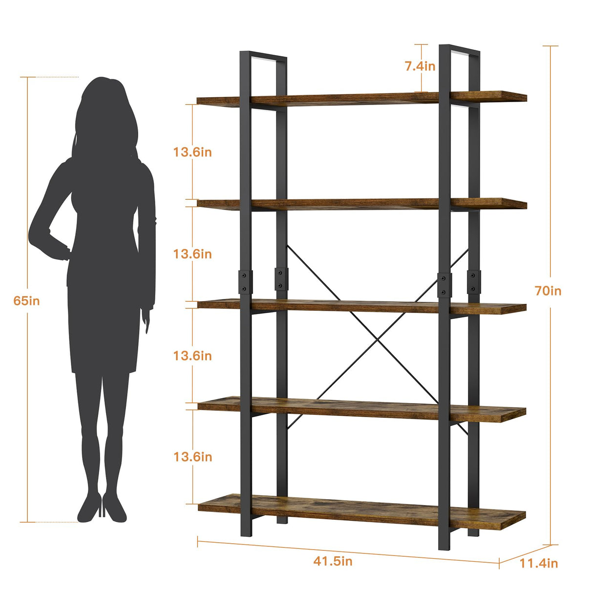 FRAPOW 70-Inch Rustic Brown 5-Tier Industrial Bookshelf with Metal Frame FRAPOW