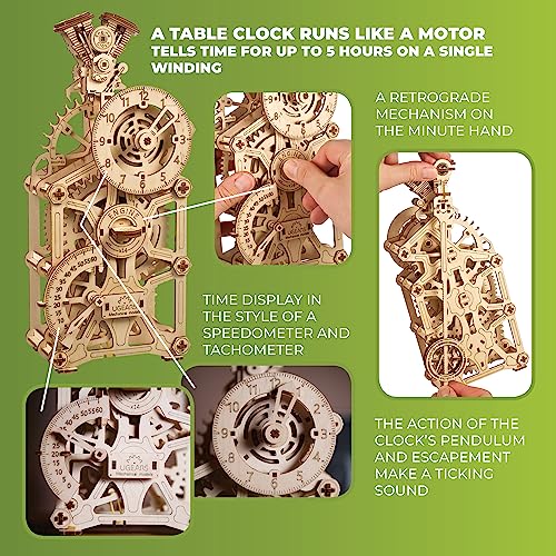 UGEARS Engine Clock 3D Puzzle - Wooden Model Kits for Adults – 3D Wooden Models to Build - DIY Mechanical Wooden Pendulum Clock Puzzle with Moving UGEARS