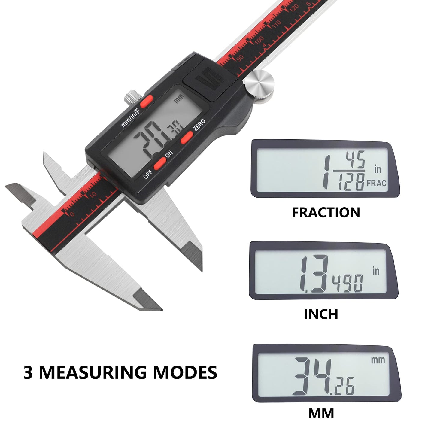 VINCA Digital Caliper, DCLA-0605 0-6 Inch/150mm, Inch/Millimeter/Fraction Conversion, Stainless Steel, Large LCD Screen
