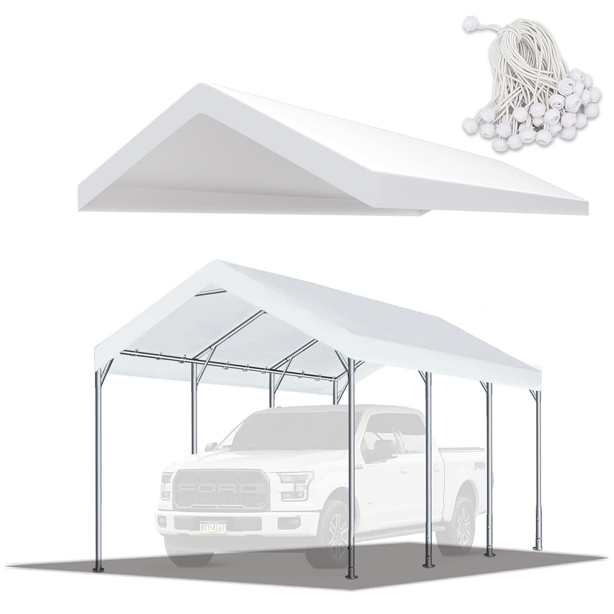 TGEHAP 10'x20' Carport Replacement Top Canopy Cover White for Car Garage Top Tarp Shelter Waterproof & UV Protected w/Ball Bungees (Only Top Cover, TGEHAP
