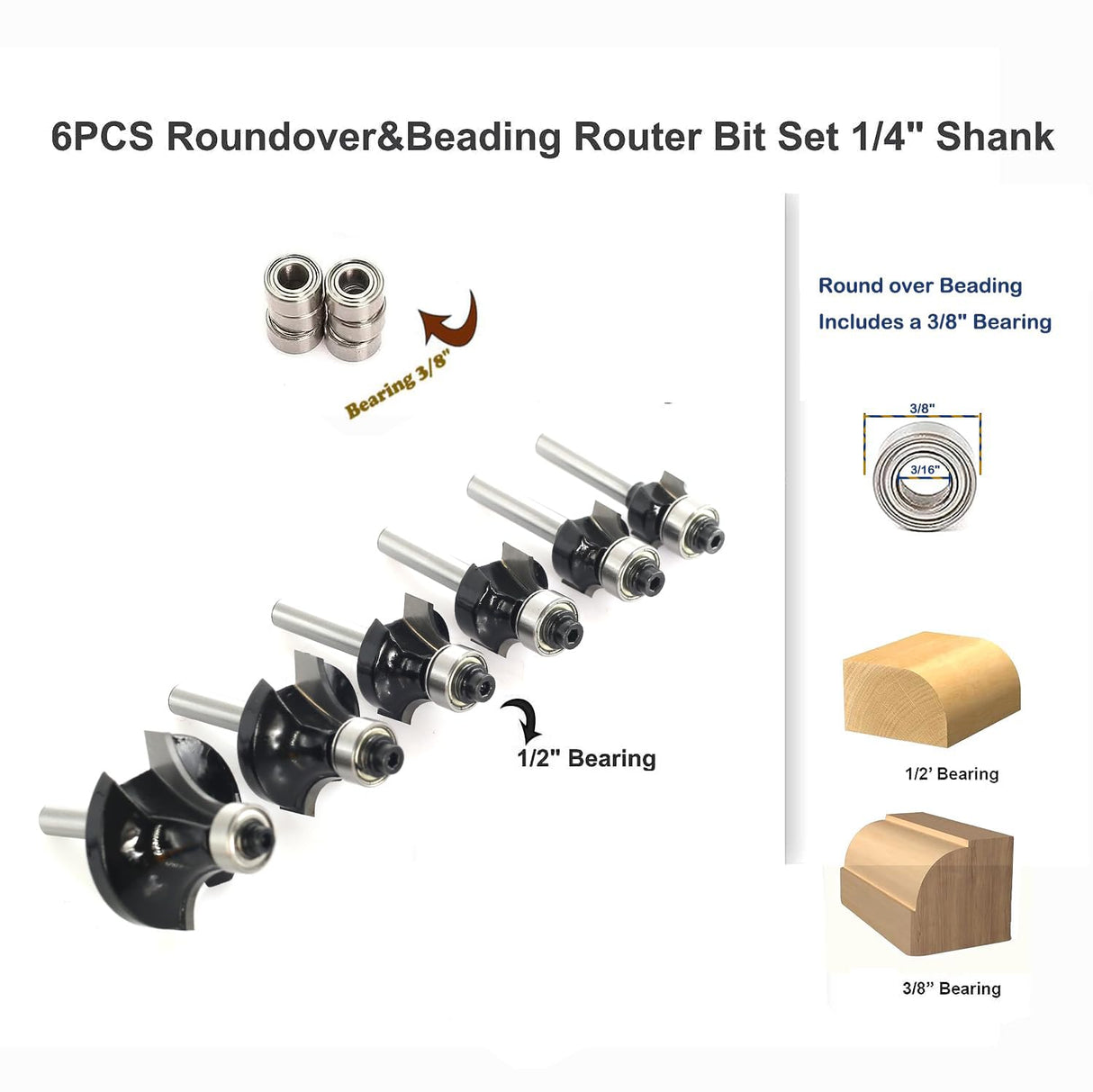 SICWOOD 6pcs Roundover Router Bit Set - Round Over Router Bits 1/4 Shank with 6 Bearings 3/8", Carbide Corner Rounding Edge-Forming Bit, for Round SICWOOD