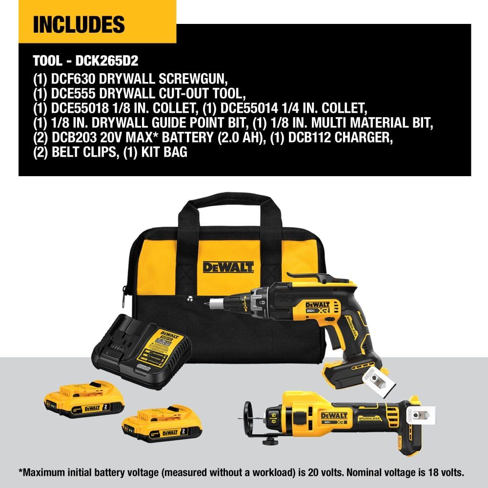 DEWALT 20V MAX* XR Brushless Drywall Screwgun and Cut-Out Tool Combo Kit (2.0Ah) (DCK265D2) DEWALT