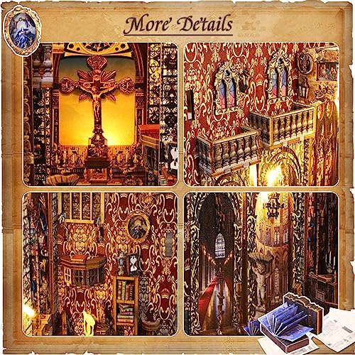 DIY Book Nook Kit with Sensor Light Music Box, 3D Wooden Puzzle for Adults, Covenant Church Bookshelf Insert, Self-Assembly Bookend Building Set Hallisun