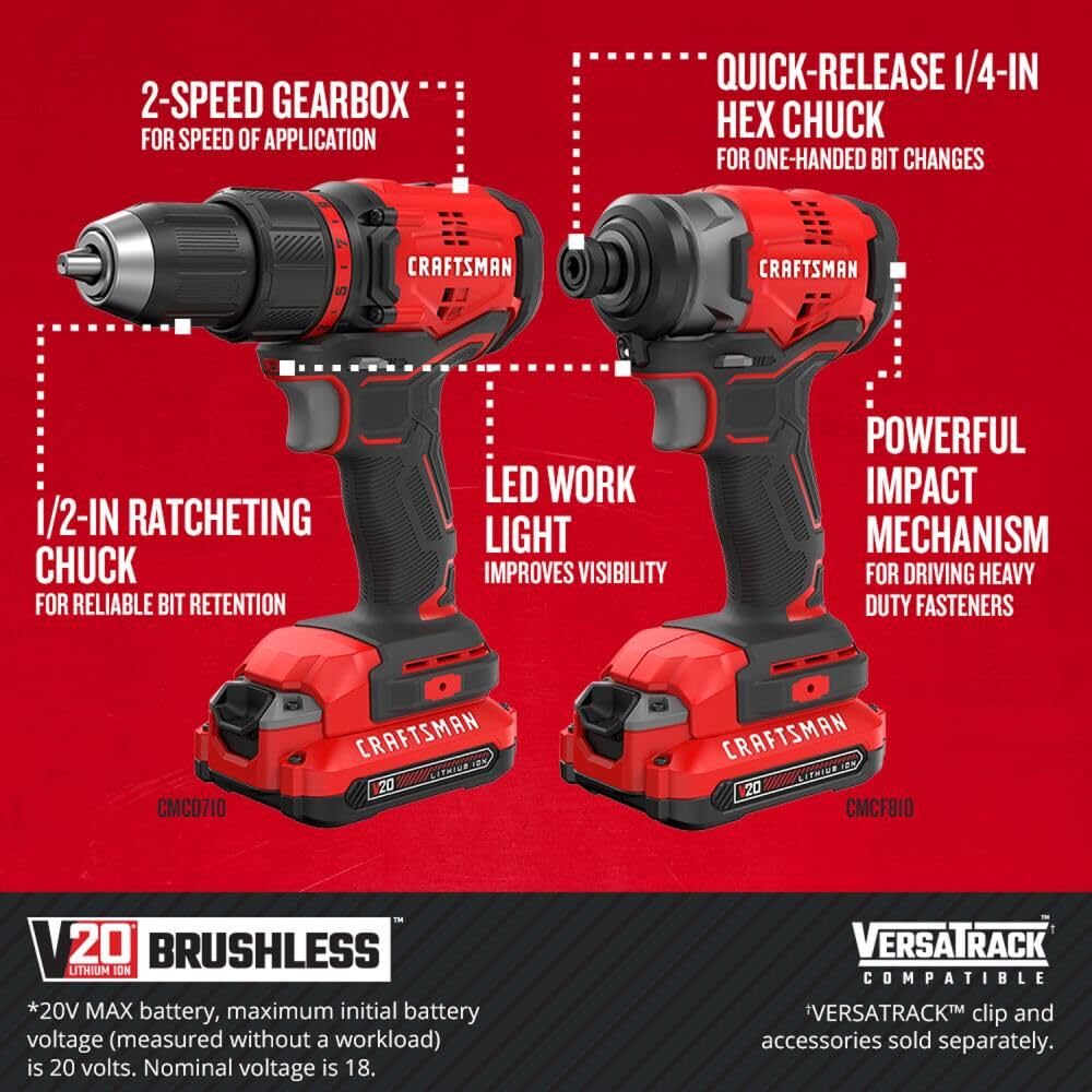 CRAFTSMAN V20* Cordless Brushless Compact 2 Tool Combo Kit (2 Batteries) (CMCK210C2) Craftsman