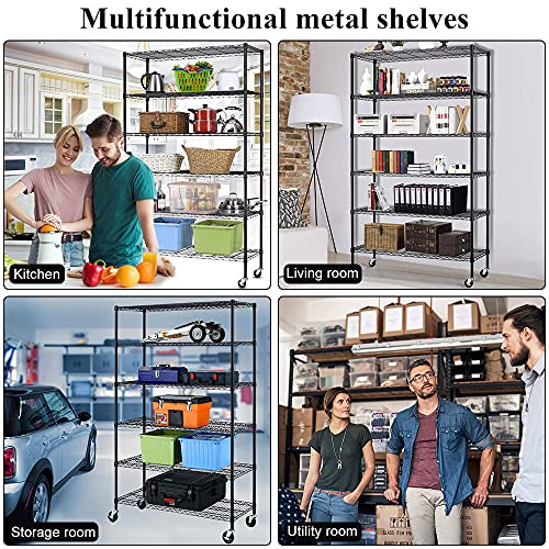 Storage Shelves 6000lbs Capacity, 6 Tier Metal Shelf on Casters 48" L×18" W×76" H Movable Heavy Duty Shelving Unit NSF Wire Shelf with Wheels for TYNB