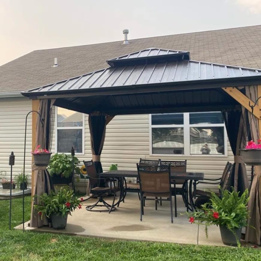 Domi Hardtop Gazebo 12’x14’ Cedar Frame Wood Gazebo with Galvanized Steel Double Roof, Outdoor Permanent Metal Gazebo with Curtains and Netting for domi outdoor living