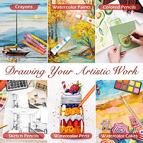 Art Supplies, 185-Piece Super Deluxe Wooden Art Set Crafts Drawing Kit with 2 Sketch Pads, Crayons, Oil Pastels, Colored Pencils, Watercolor Cakes, VigorFun