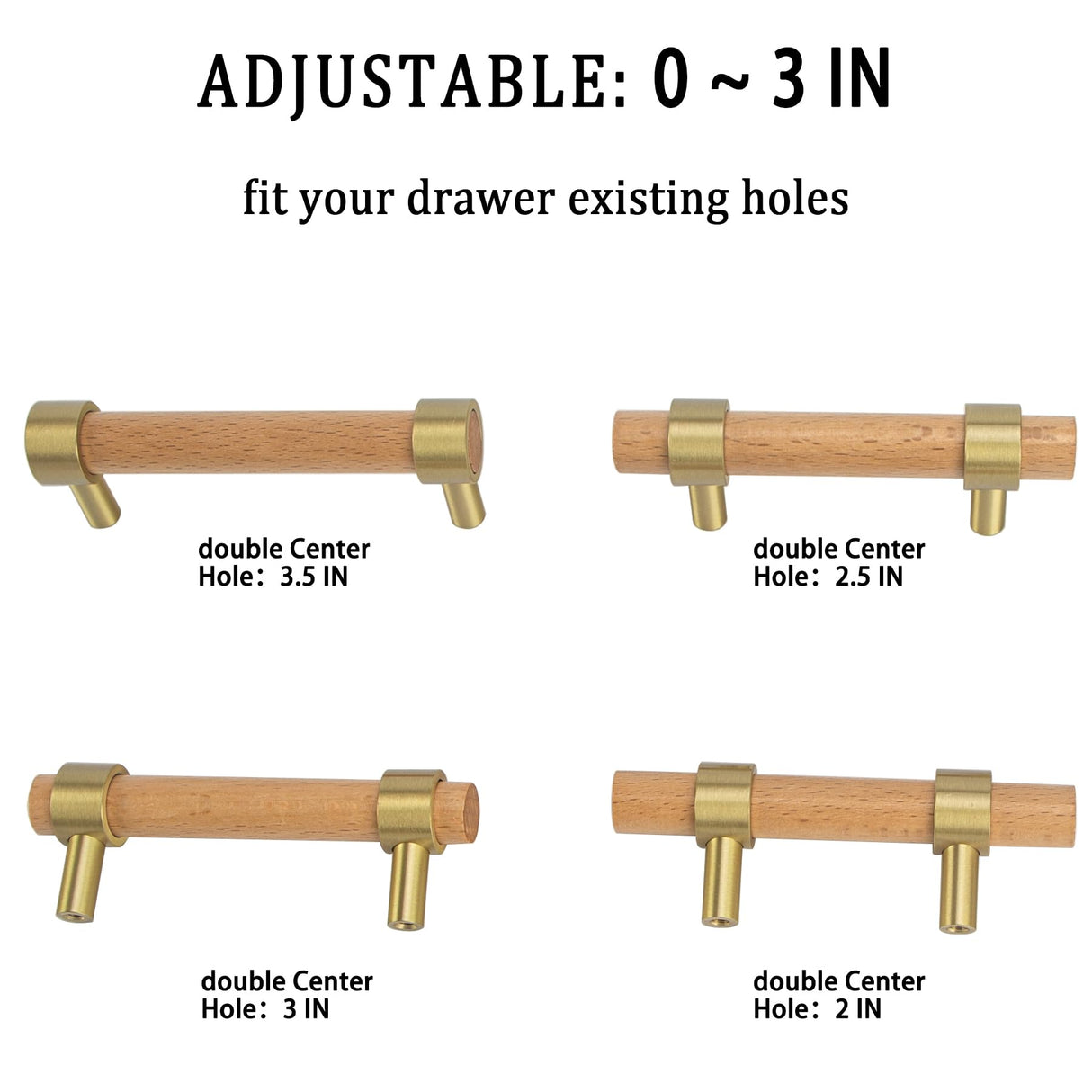 foxwake Wood and Brass Dresser Handles 0~3 Inch Double Hole 4Set Adjustable Center to Center Euro Scandi-Modern Kitchen Cabinet Pull, Unfinished DIY foxwake