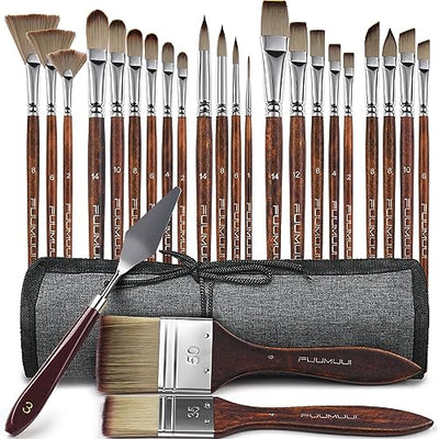 25 Pieces Paint Brush Set, Artist Professional Series, Synthetic Acrylic Paint Brushes with Flat, Filbert, Fan, Dagger, Cat Tongue, Round, Angle,
