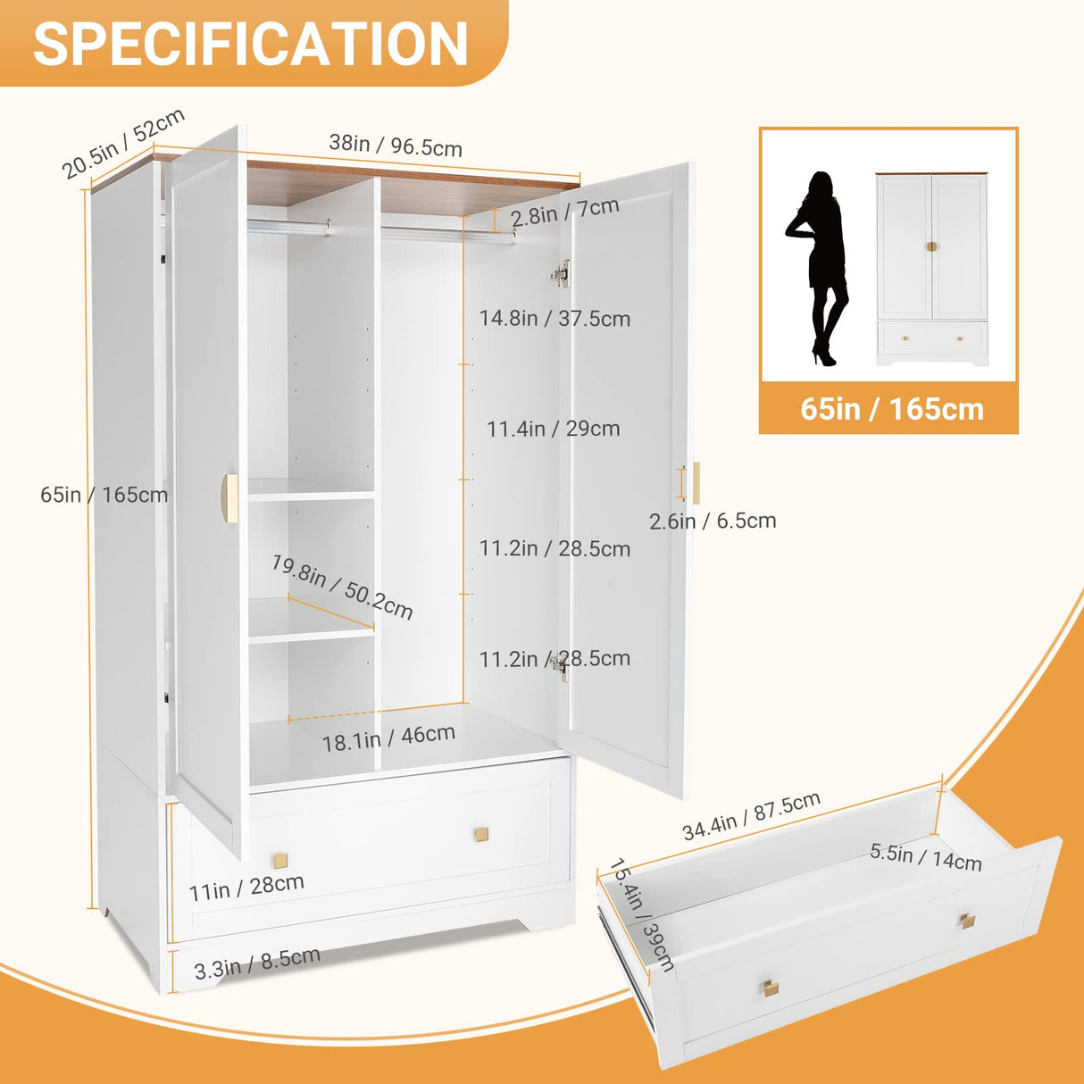 VINGLI Wide Wardrobe Closet, White Armoire Wardrobe with Hanging Rod, Shelves and Drawer, Freestanding Closet Wardrobe Cabinet, Armoires and VINGLI