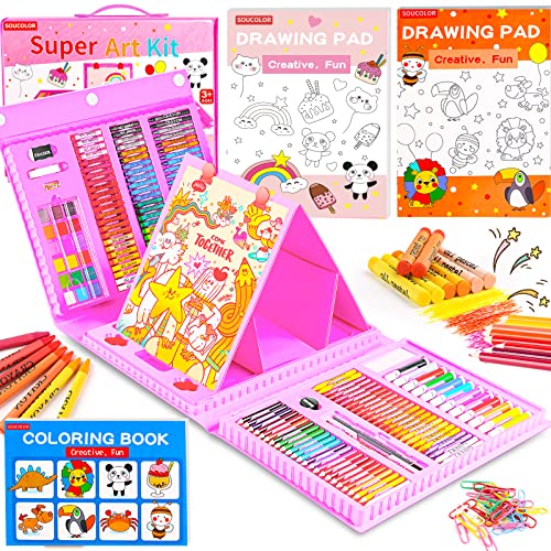 Soucolor Art Supplies, 283 Pieces Drawing Set Art Kits with Trifold Easel, 2 Drawing Pads, 1 Coloring Book, Crayons, Pastels, Arts and Crafts Gifts Soucolor