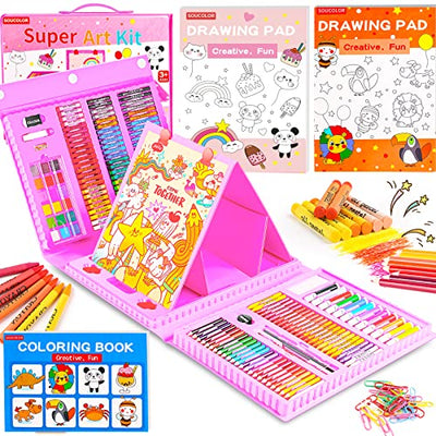 Soucolor Art Supplies, 283 Pieces Drawing Set Art Kits with Trifold Easel, 2 Drawing Pads, 1 Coloring Book, Crayons, Pastels, Arts and Crafts Gifts