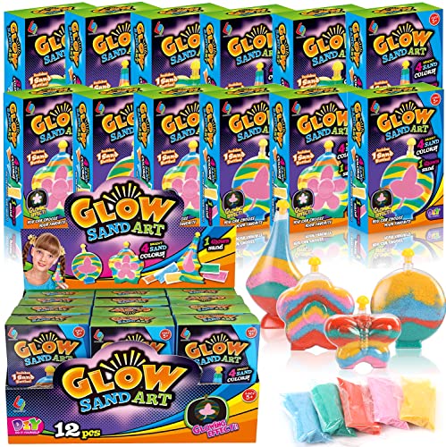 12 Pack Create Your Own Magic Sand Art Glitter Activity | Glow in the Dark Colored Custom Sand Kits for Kids - Includes 12 Bottles, Funnels, Sticks, Liberty Imports