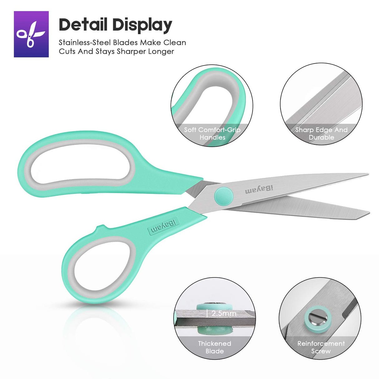 Scissors, iBayam 8" All Purpose Scissors Bulk 3-Pack, Ultra Sharp 2.5mm Thick Blade Shears Comfort-Grip Scissors for Office Desk Accessories Sewing iBayam