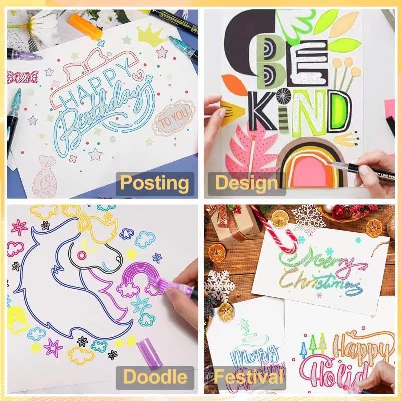 Double Line Outline Markers 24 Colors Super Squiggles Glitter Markers Self Outline Metallic Markers, Doodle Shimmer Markers Drawing Pens for OUNIY