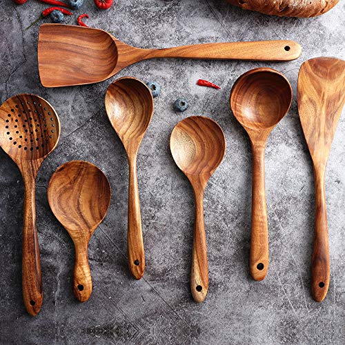 Wooden Utensils Set for Kitchen, Messon Handmade Natural Teak Cooking Spoons Wooden Spatula for Nonstick Cookware (7 sets) Messon