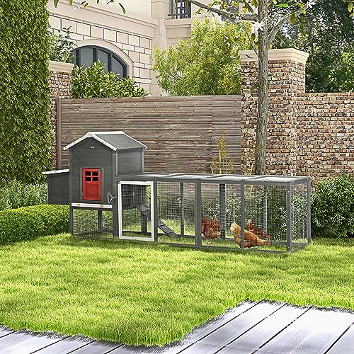 PawHut 118" Extra Large Chicken Coop with Asphalt Roof, Wooden Hen House with Slide-Out Tray, Quail Hutch with Nesting Box, Gray PawHut