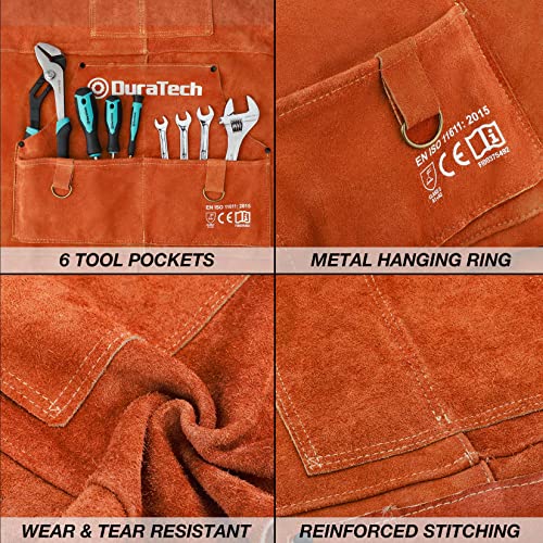 DURATECH Welding Apron, 36" Leather Welding Apron Heat Flame Resistant, Heavy Duty Welding Apron with 6 Tool Pockets, 100% Cowhide Leather Work Apron DURATECH