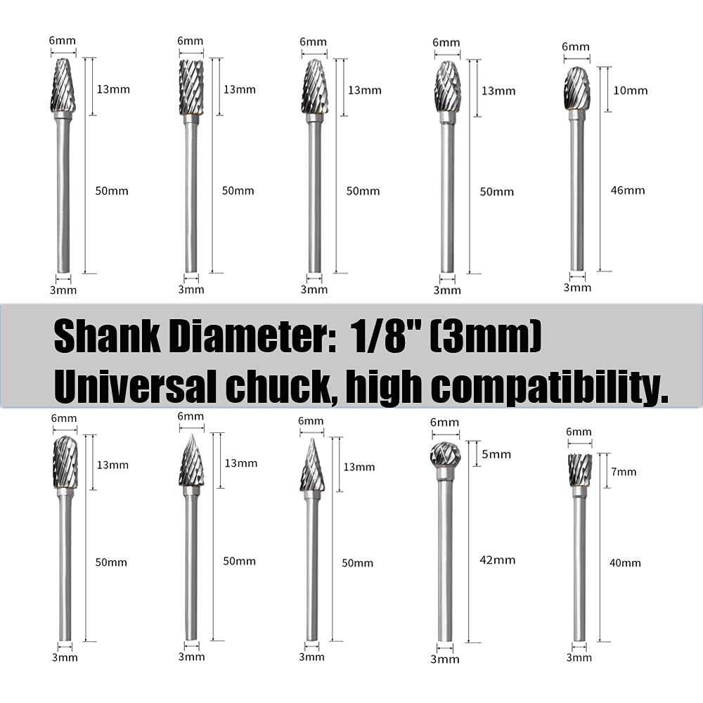 Tungsten Carbide Rotary Burr Set for Dremel, 10PCS Carbide Double Cut Carving Burr Bits with 1/8” Shank Rotary Tool Accessories for Woodworking, FOTYBEI