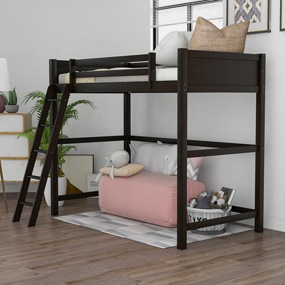 Majnesvon Wood Twin Loft Bed with Ladder and Storage Shelves/High Loft Bed for Boys Girls Teens/14 Solid Wooden Slats Support/No Box Spring