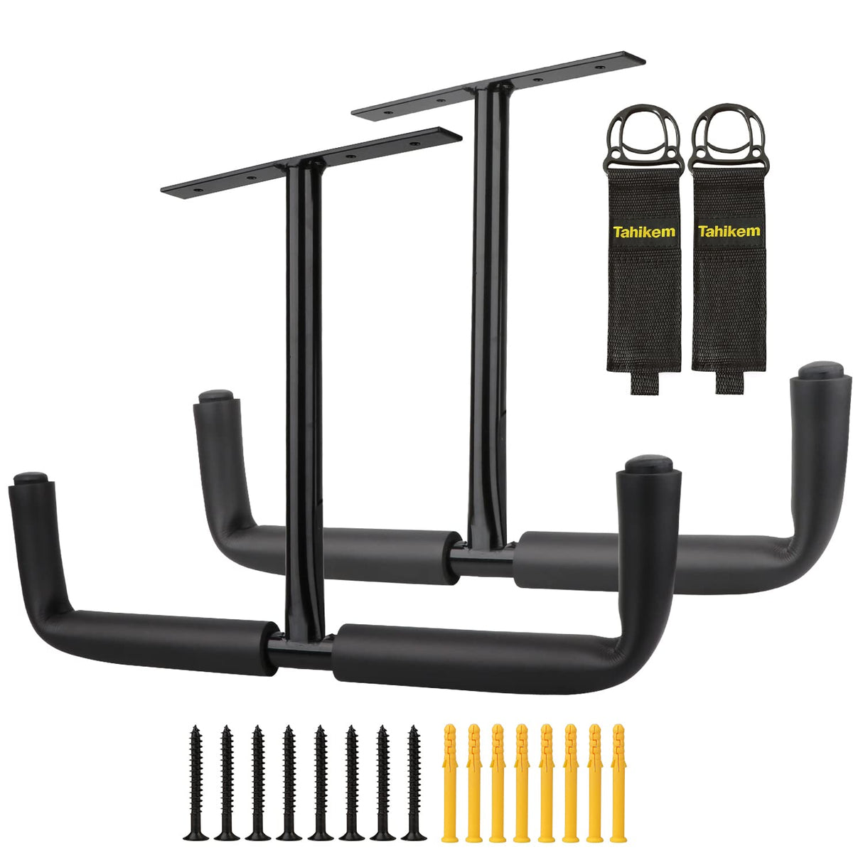 Tahikem 2 Set Overhead Garage Storage Rack, Heavy Duty Overhead Storage Double Hook, Ceiling Mount Hanger Safe Racks Hooks, Hanging for Lumber Ladder Tahikem