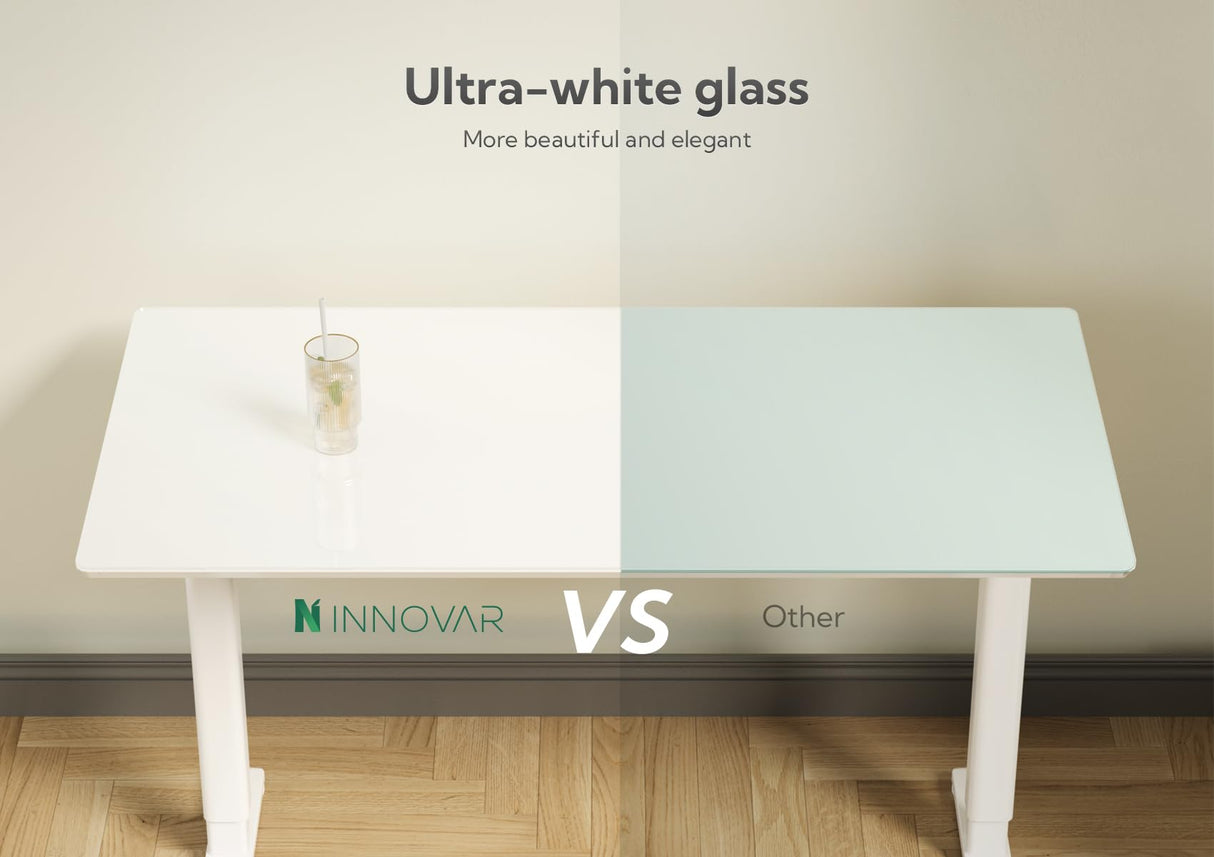 INNOVAR Glass Standing Desk with Drawers, 48×24 Inch Adjustable Stand Up Desk Quick Install Home Office Computer Desk, White INNOVAR