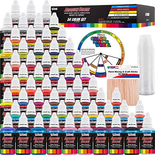 U.S. Art Supply 54 Color Ultimate Acrylic Airbrush, Leather & Shoe Paint Set with Cleaner, Thinner, 50-Plastic Mixing Cups, 50-Wooden Mix Sticks and U.S. Art Supply