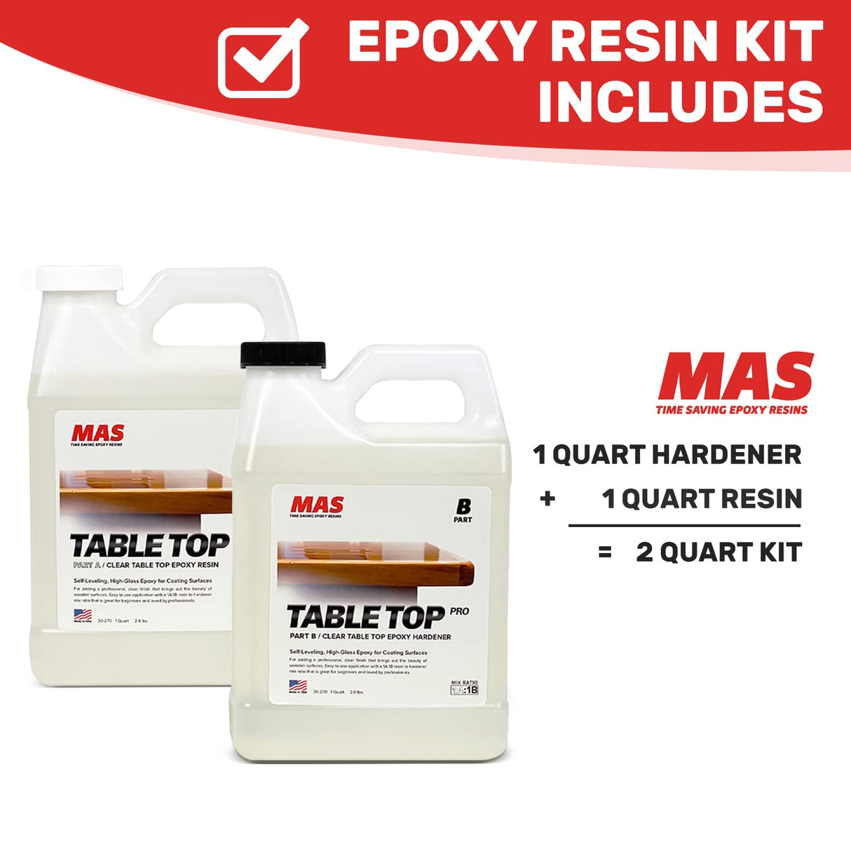 MAS Table Top Pro (2-Quart Kit) | Crystal Clear Casting for DIY Arts and Crafts Projects | 2-Part Resin and Hardener Epoxy Kit | for Countertops, MAS