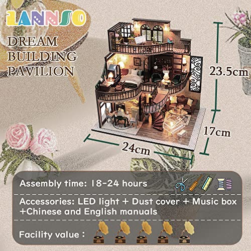 Lannso DIY Dollhouse Miniature Kit, Doll House Kit with Dust Proof Cover and Music Box, Mini Wooden Dollhouse Toys for Adult Gift(M2132) Lannso