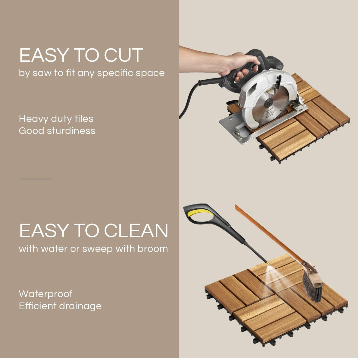 THYOI 10 Pcs Acacia Wood Deck Tiles 12" x 12", Deck Tiles Interlocking Outdoor All Weather, Patio Flooring Waterproof, Wood Patio Tiles for Indoor THYOI