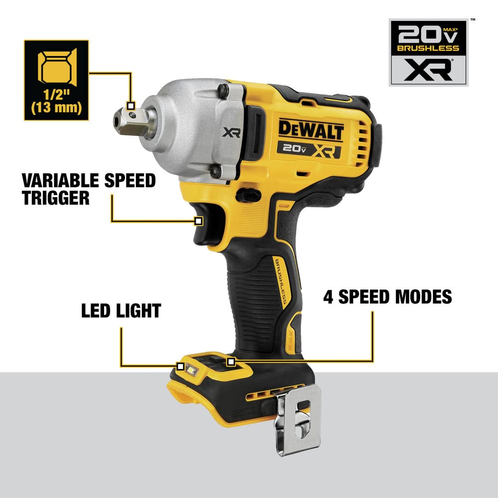 DEWALT 20V MAX XR Cordless Impact Wrench, 1/2", Includes Detent Pin Anvil and Belt Clip, Bare Tool Only (DCF892B) DEWALT
