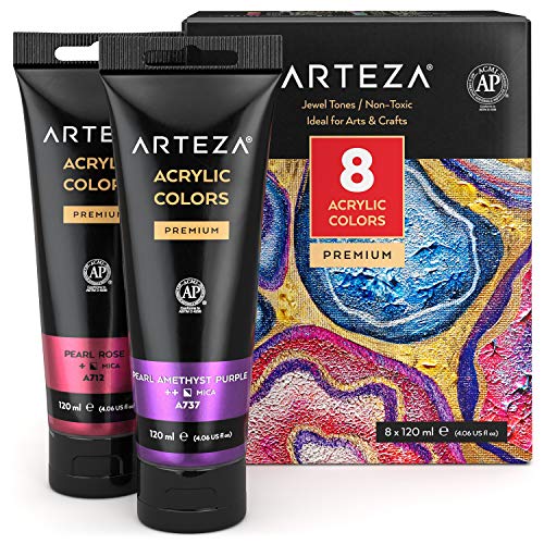 Arteza Metallic Acrylic Paint, Set of 8 Jewel Tones Colors in 4.06oz Tubes, Rich Pigments, Non Fading, Paints for Artists and Hobby Painters ARTEZA