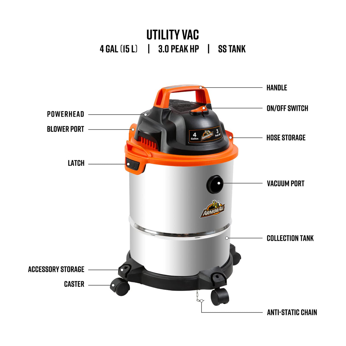 Armor All VO408S 0901 4 Gallon Wet/Dry Vac 3.0 Peak HP Shop Vacuum with 3 Nozzles and 1 Brush, Stainless Steel Tank, Orange Armor All